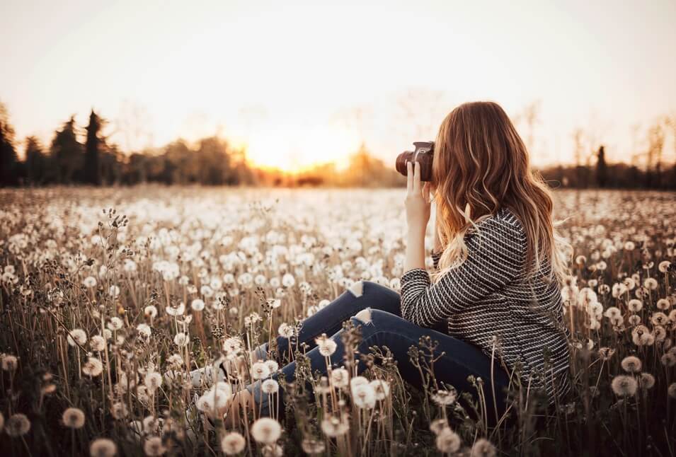 a blonde woman taking a picture while sitting in a field of dandelions at sunrise